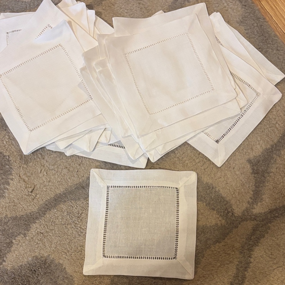 White Linen Cocktail Napkins - Hemstitched Squares